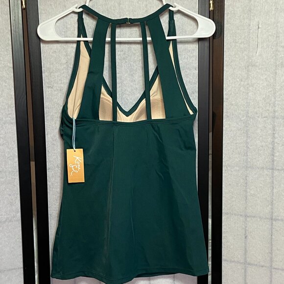 Kona Sol Ribbed V Neck Stretch Strappy Racerback Swim Tankini Top Green NWT - Picture 2 of 10